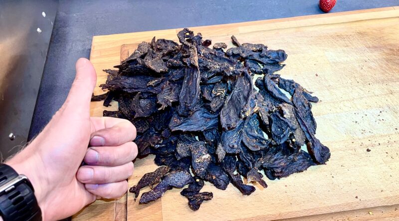 Reh Jerky selber machen im Dörrautomaten, Wild Jerky Rezept mit Rehfleisch, Sojasauce Marinade, Gewürze, Dörrtemperatur und Tipps zur Haltbarkeit